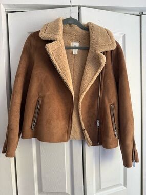 H&M Tan Brown Faux Suede Teddy Shearling Jacket